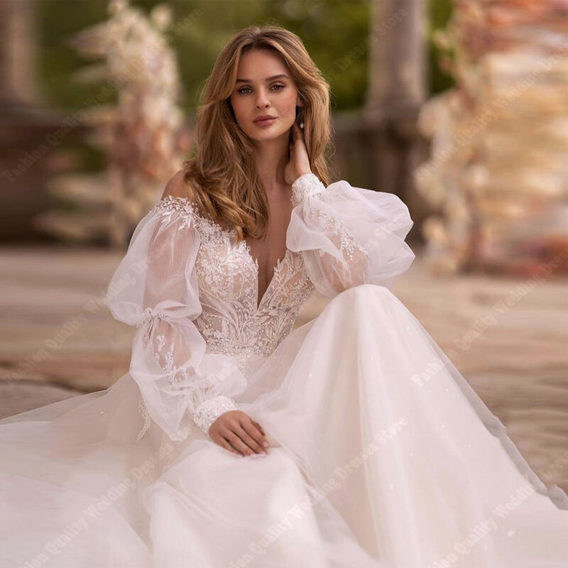 2024 Elegant V-Neck Women Wedding Dresses Vintage Pretty A-Line Bridal Gowns Shiny Flower Decal Floor Length Vestidos De Novias