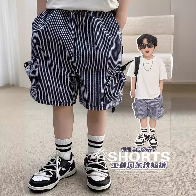 Macacão listrado fino infantil, calça de verão para meninos, nova moda, estilo coreano, shorts infantis simples e casuais, roupa infantil, 2024
