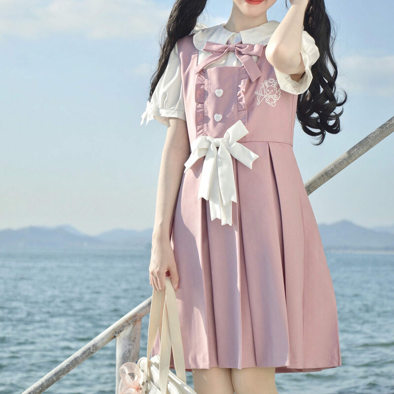 女性のためのウサギの形の保護スカート,半袖の服,制服,黒と白の刺embroidery,日本の学校の衣装,かわいい
