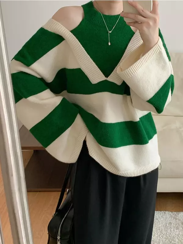 Suéter listrado falso de duas peças feminino, pulôver cabeçada, jumper de malha, design de moda coreano, mulher kawaii, outono, inverno