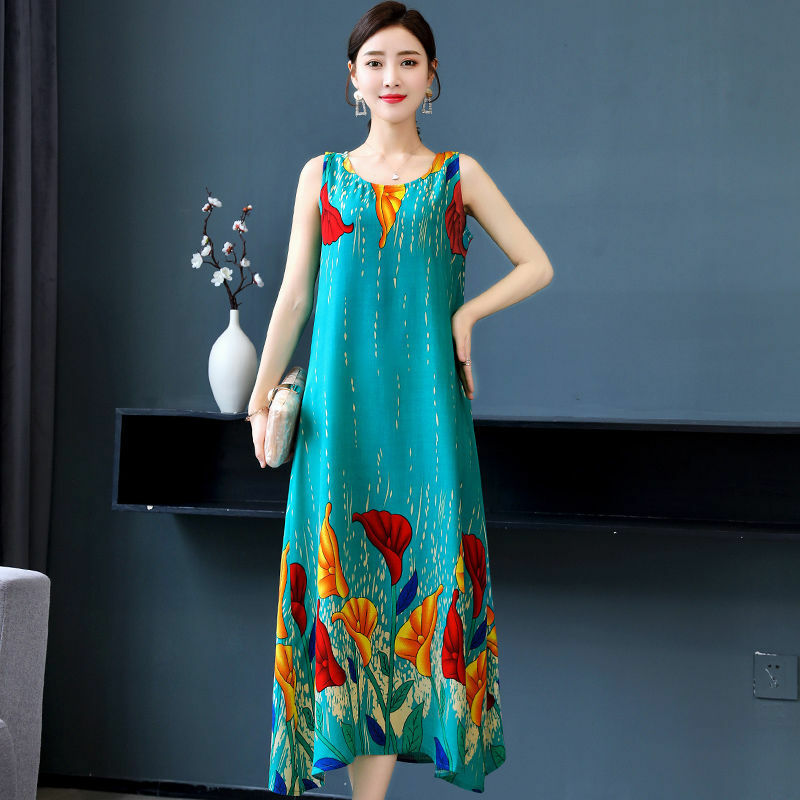 Gaun tanpa lengan longgar untuk wanita, pakaian kantor wanita ukuran besar motif Vintage kerah bulat netral Musim Panas 2024