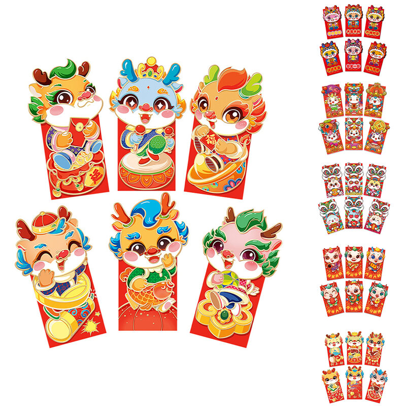 6Pcs Chinese New Year Red Envelopes Year Of Dragon Cartoon 3D Red Pocket Envelopes Luck Money Bag For Party Spring Festival