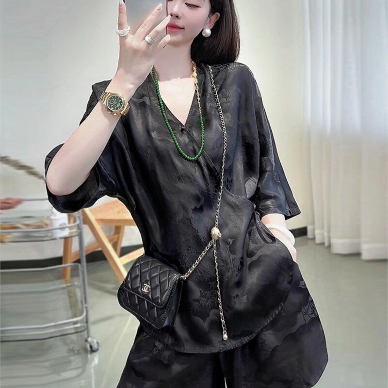 Terno de seda estilo chinês feminino, elegante terno de 2 peças