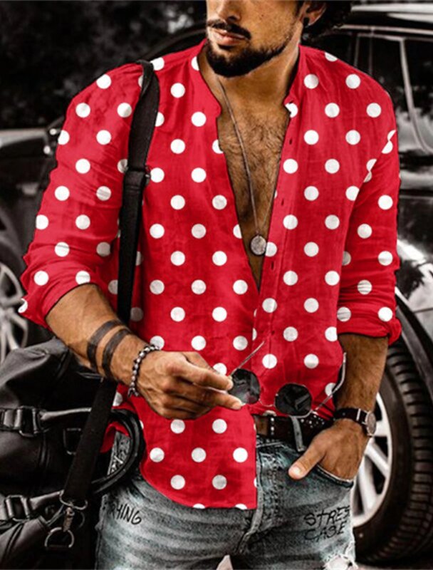 Camisa de manga larga con solapa para hombre, traje Hd de lujo, moda creativa, Gángster de lunares, guapo, rojo, decoración superior, 2023