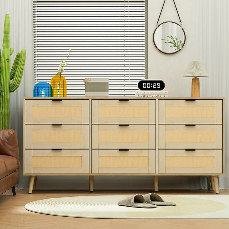 Rattan Kommode, Aufbewahrung kommode für Schlafzimmer mit 9 Schubladen, moderne Holz Schubladen Kommode, Kommoden mit Metall griffen