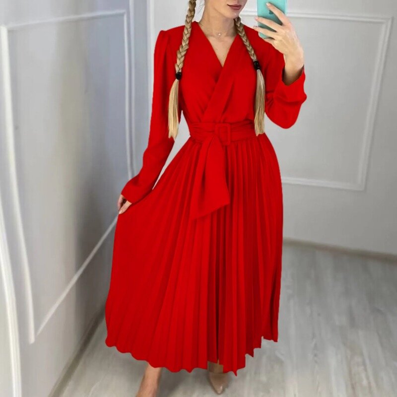 Elegant African Women's Dresses 2023 Autumn Winter Clothing African V-neck Solid Color High Waist Long Sleeve Long Pleated Dress