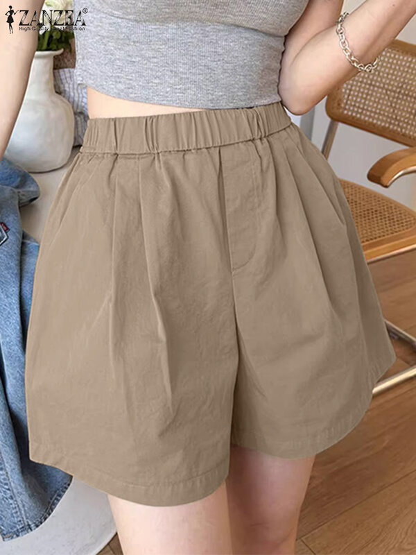Шорты ZANZEA женские с эластичным поясом, Модные свободные короткие штаны, однотонные повседневные, для работы и отдыха, лето 2024