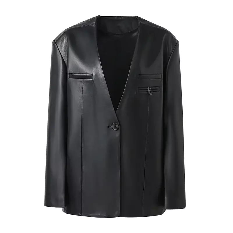 Giacca da donna in vera pelle Oversize con colletto rovesciato giacca in pelle Streetwear monopetto moda donna