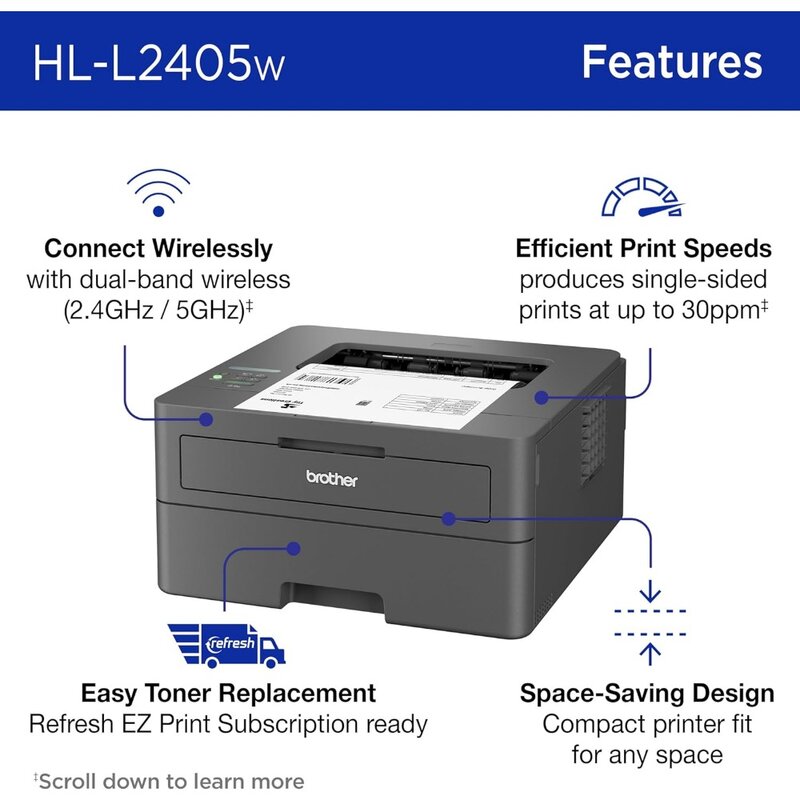 Bezprzewodowa kompaktowa monochromatyczna drukarka laserowa HL-L2405W z mobilnym nadrukiem, czarno-białą wyjściem| Zawiera podpórkę odświeżową