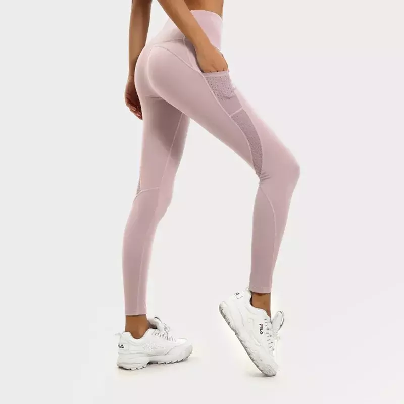 Pantaloni da Yoga con tasca all'anca pesca a vita alta pantaloni da Fitness da corsa sportivi attillati con cuciture a rete femminile