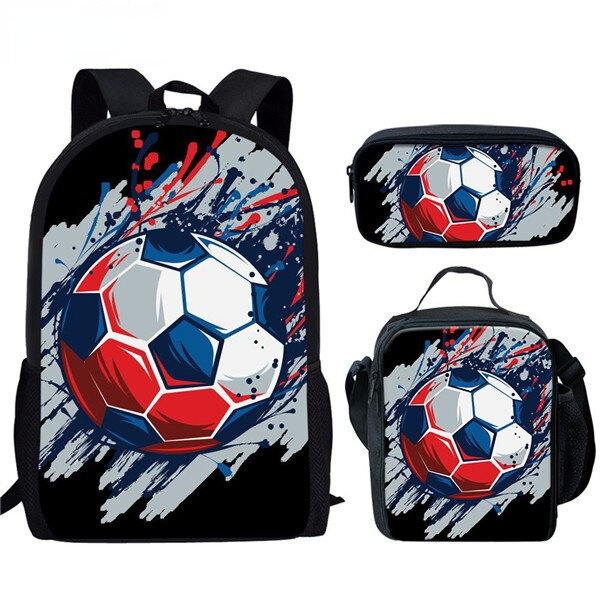 Futebol Print School Bag Set para meninos e meninas adolescentes, mochila, lancheira, saco de lápis, criativo, casual diário, campus, 3pcs