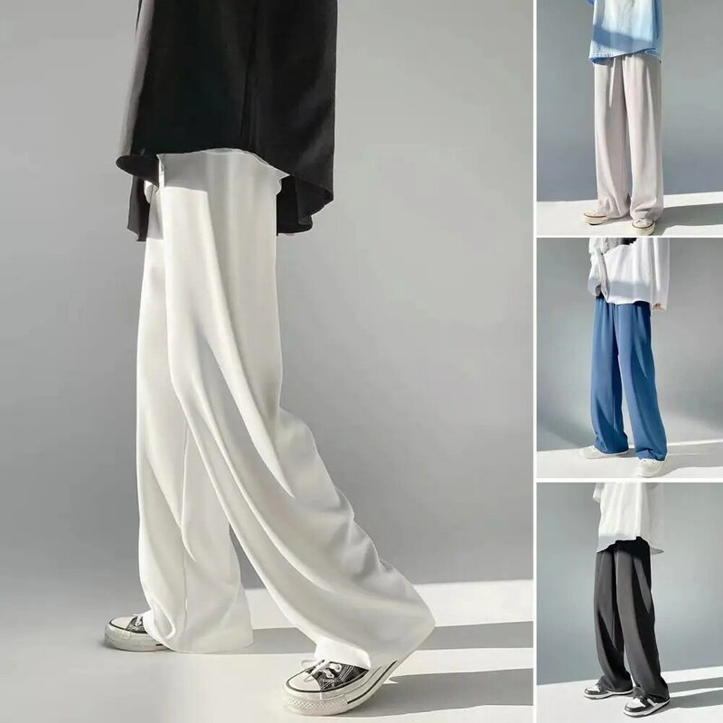 Setelan pakaian kasual celana pria Korea, celana olahraga pria Korea ringan tipis longgar lurus semi-lebar lembut kaki lebar celana longgar panjang 2024