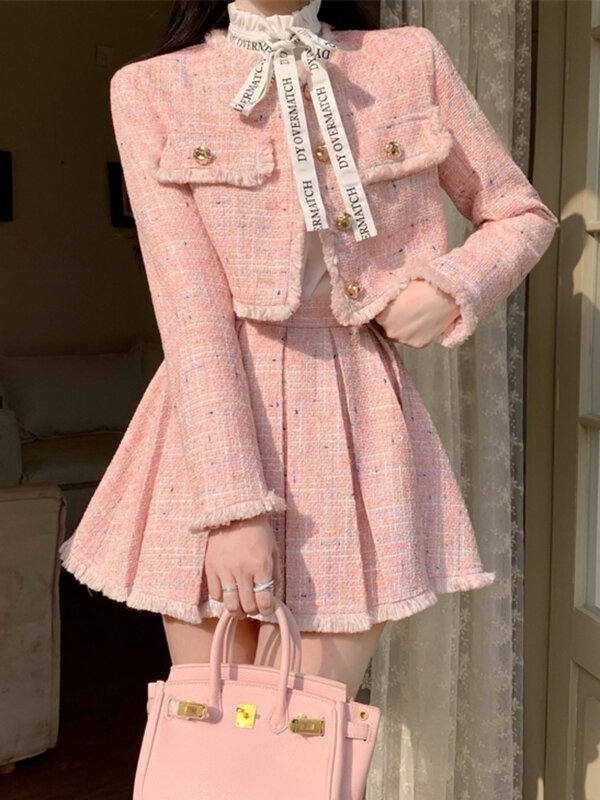 하이 퀄리티 패션 술 디자인 작은 향수 2 종 세트, 여성 의상, 긴 소매 짧은 재킷 코트 및 플리츠 스커트 정장