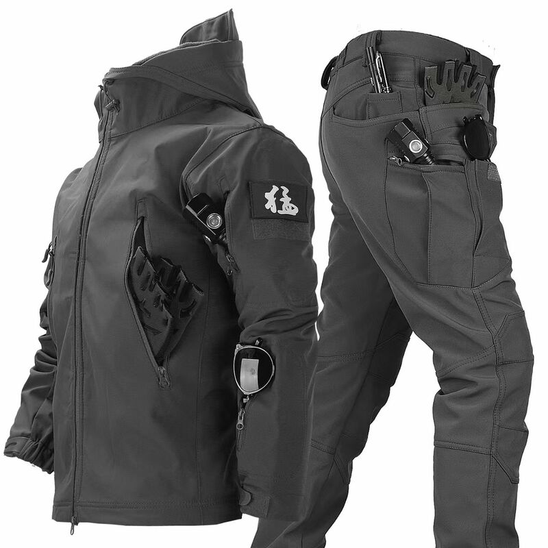 Camo Winter Tactical Sets Men Shark Skin Soft Shell Hooded Jacket+Multi-pocket Straight Cargo Pant 2 Pcs Suits Waterproof Set