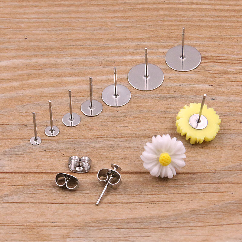 Brinco de aço inoxidável Studs para fazer jóias DIY, em branco Post Base Pins, Brinco Plug, Ear Back Findings, 2 cores, 50-100Pcs