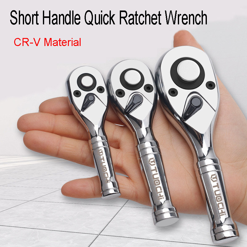 Quick Socket Mini Ratchet Wrench, Two-Way Chifres, Punho Curto, Ferramenta de Reparo, Chave Inglesa, Grande, Média e Pequena Mosca, 72 Dentes, 1/4, 3/8, 1/2