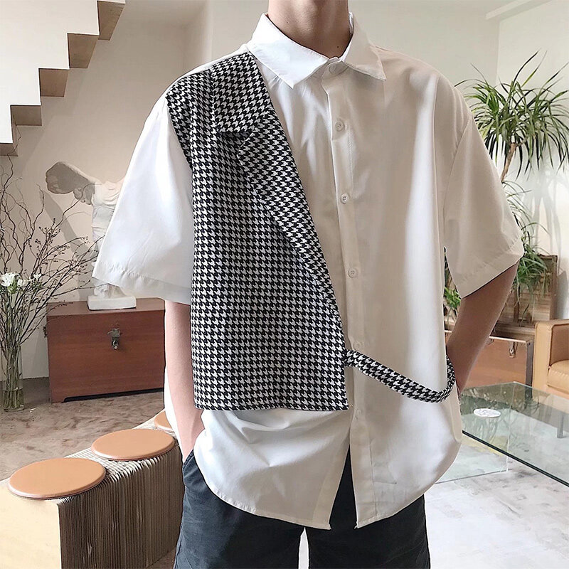 Summer Polo-neck Fake Two Pieces Patchwork Shirt Male Short Sleeve Trend Fashion Casual Buttons Blouse Men Cardigan Top Hombre