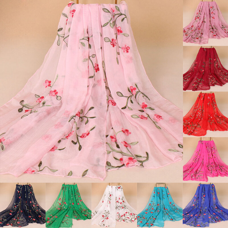 Women Chiffon Flower Embroidery Shawl Scarf Sunscree Ladies Beach Elegant Hijab Wrap Chinese Style Female Scarf