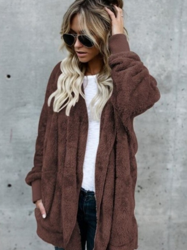 Женское осенне-зимнее теплое мягкое искусственное пальто с карманами и капюшоном