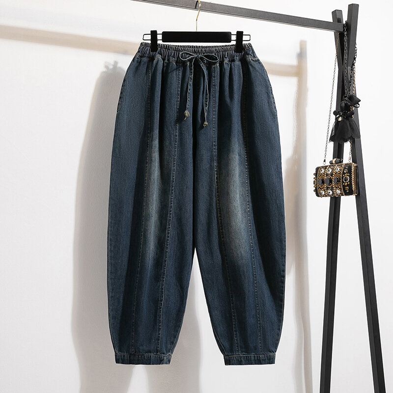Plus Size Bawełniane Spodnie Dżinsowe Dla Kobiet Wysoka Talia Moda Luźne Casualowe Jeansy Vintage Odzież Damska Duży Koreański Harlan Bottom
