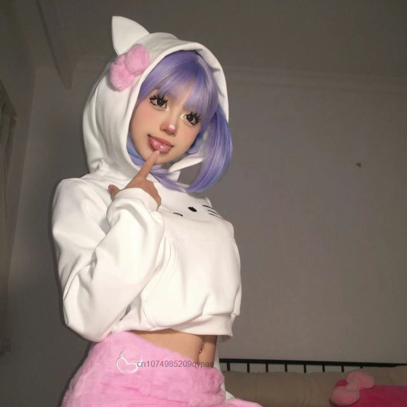 Sanrio Hello Kitty krótkie topy kobiety odzież z nadrukiem kreskówki Y2k słodka dziewczyna bluza jesienna nowa bluza pulowery Kawaii płaszcz 2023