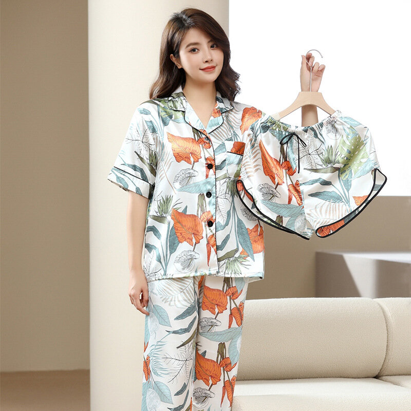 Damen Pyjama Print Muster Nachtwäsche Home Einrichtung dreiteiligen Satz Cardigan Top und Hose dünne Imitation Seide Home Anzug