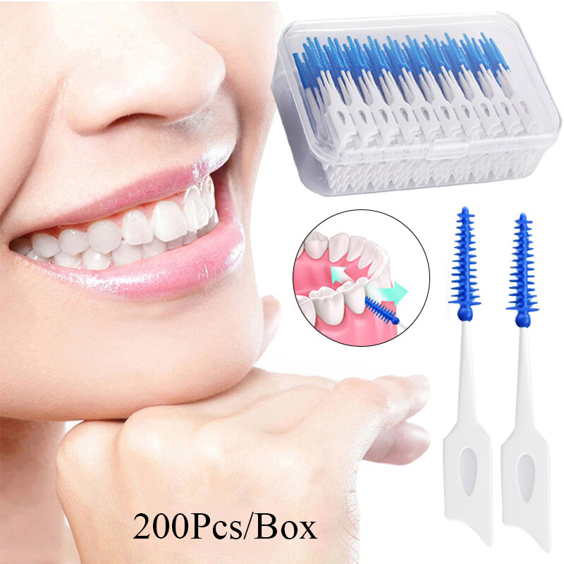 Sikat silikon Interdental 200 unit, sikat gigi tusuk gigi antara gigi dengan benang alat pembersih mulut