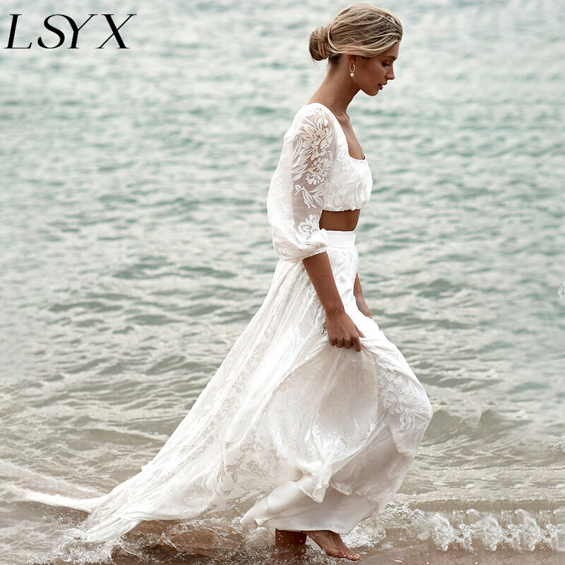 فستان زفاف للشاطئ من قطعتين من LSYX قصير من الدانتيل برقبة مربعة وأكمام طويلة موضة 3/4 بدون ظهر فستان زفاف بخط A