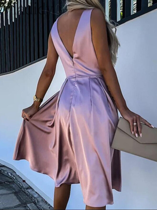 Women Elegant Solid Color Backless Sleeveless Ruched Satin Party Dress