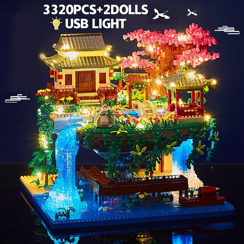 3320 Stück Blöcke Baumhaus Diamant Gebäude Garten Architektur Wasserfall Licht DIY Ziegel Kirschblüte Spielzeug für Kinder Erwachsene Geschenk