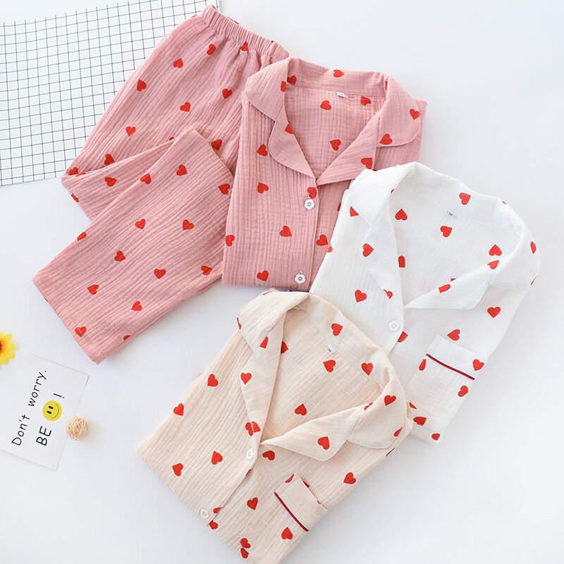 Conjunto de pijama con estampado de amor para mujer, ropa de dormir de 100% algodón con corazón dulce, cómoda, de doble capa, de gasa, bonito conjunto de dos piezas
