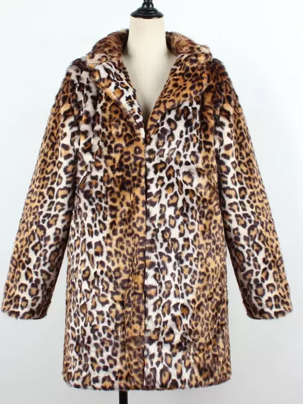 Casaco longo de pele sintética quente feminino, leopardo, salsicha, jaquetas fofas grossas, casacos de luxo, lazer, inverno, 2024