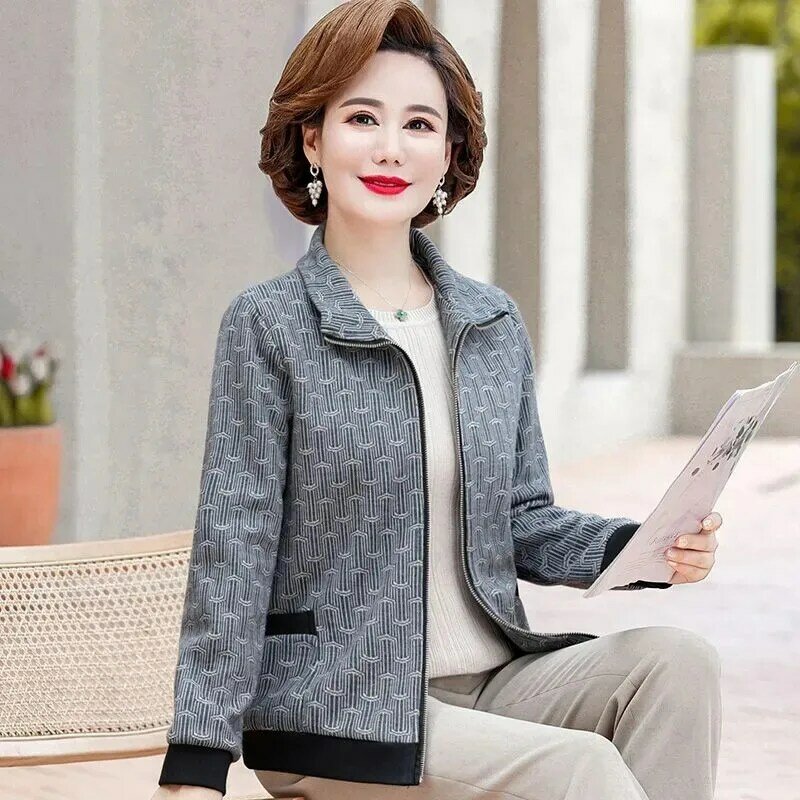 2023 Spring Autumn New Middle-Aged Elderly Mom Coat  Loose Lapel Zipper Fashion Jacket Women's Casual Long Sleeves Outerwear