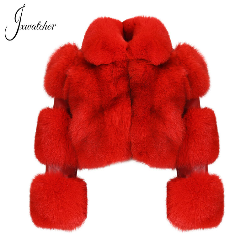 Jxwatcher-女性のための本物のキツネの毛皮のコート,パッチワーク,ファッショナブルな赤いジャケット,暖かいアウターウェア,秋冬,新しい,2023