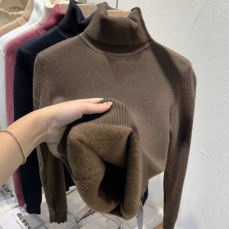 Pullover rajut wanita, pakaian wanita Bodycon mode ramping atasan Pullover rajut hangat beludru tebal musim dingin Sweater elegan Turtleneck Jepang