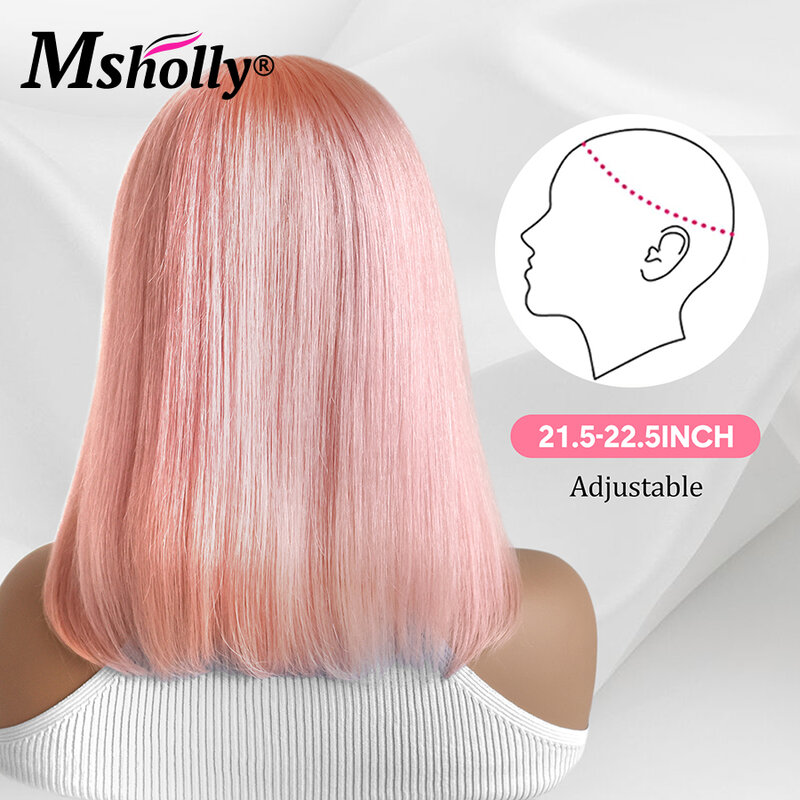 Perucas de cabelo curto rosa para mulheres, cabelo liso remy brasileiro, hd 13x4, frente de renda transparente, pré-arrancado, rosa