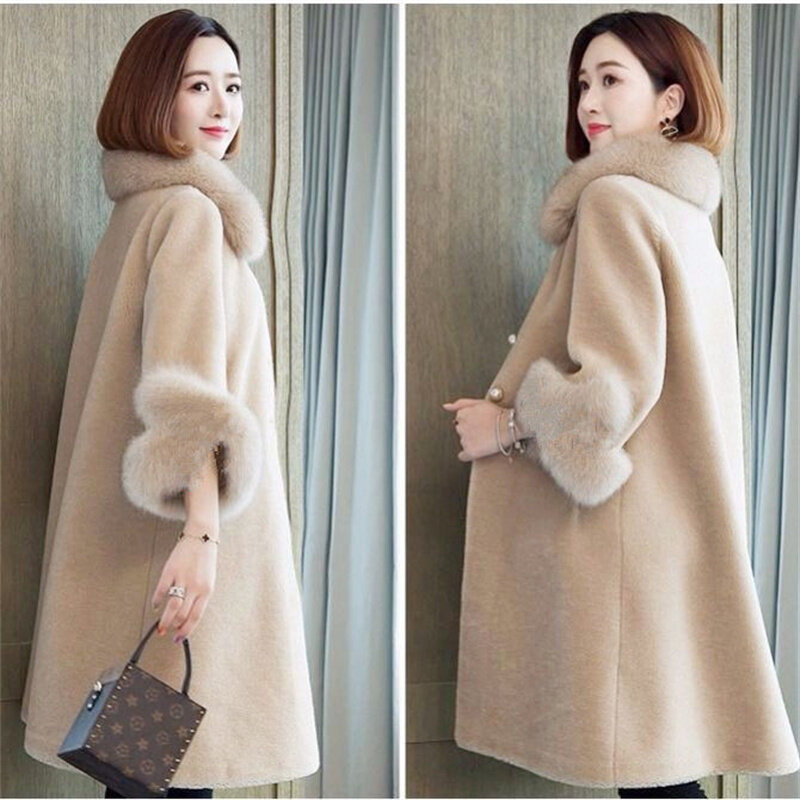 Abrigo de lana de oveja de imitación para mujer, cuello de piel de zorro de imitación, medio largo, grano suelto, rosa, otoño e invierno, nuevo