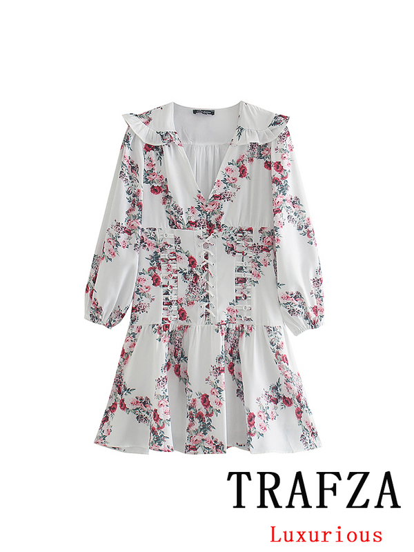 TRAFZA-Mini vestido de praia feminino com decote em v, vestido chique boho, estampa vintage, casual, moda feminina, verão, 2024