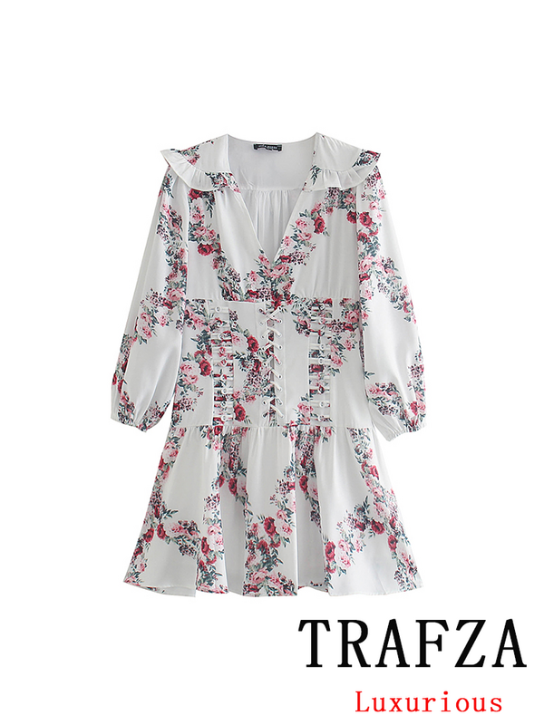 TRAFZA Vintage Casual Chic Print Women Dress V-Neck Ruffles Beach Mini Dress Fashion 2024 Summer Chic Boho Party Female Dress