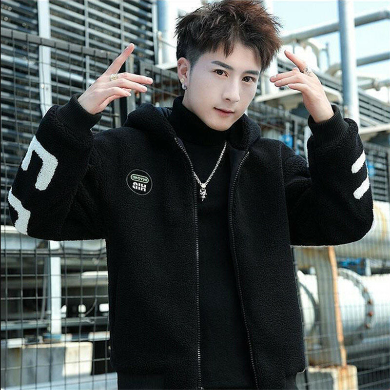 Casaco de lã de cordeiro roupas masculinas zíper coreano casual algodão-acolchoado jaqueta masculina outono inverno moda bolso manga longa outerwear