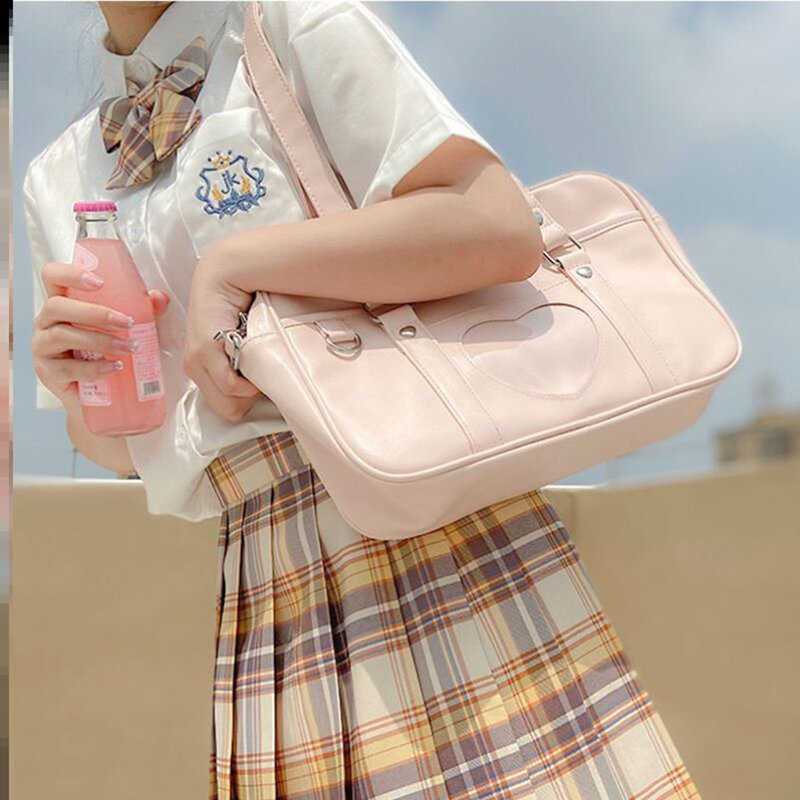 Bolsa de couro coração Lolita para mulheres, sacos de uniforme escolar JK, bolsa de estudante feminina, cosplay, amor anime, bolsa de ombro oca