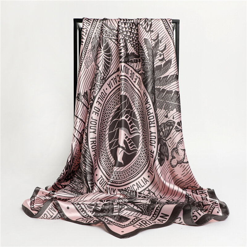 Lenço quadrado de cetim de seda para mulheres 90cm, lenço de cabelo, bandana, marca de luxo, impressão, fêmea, outono