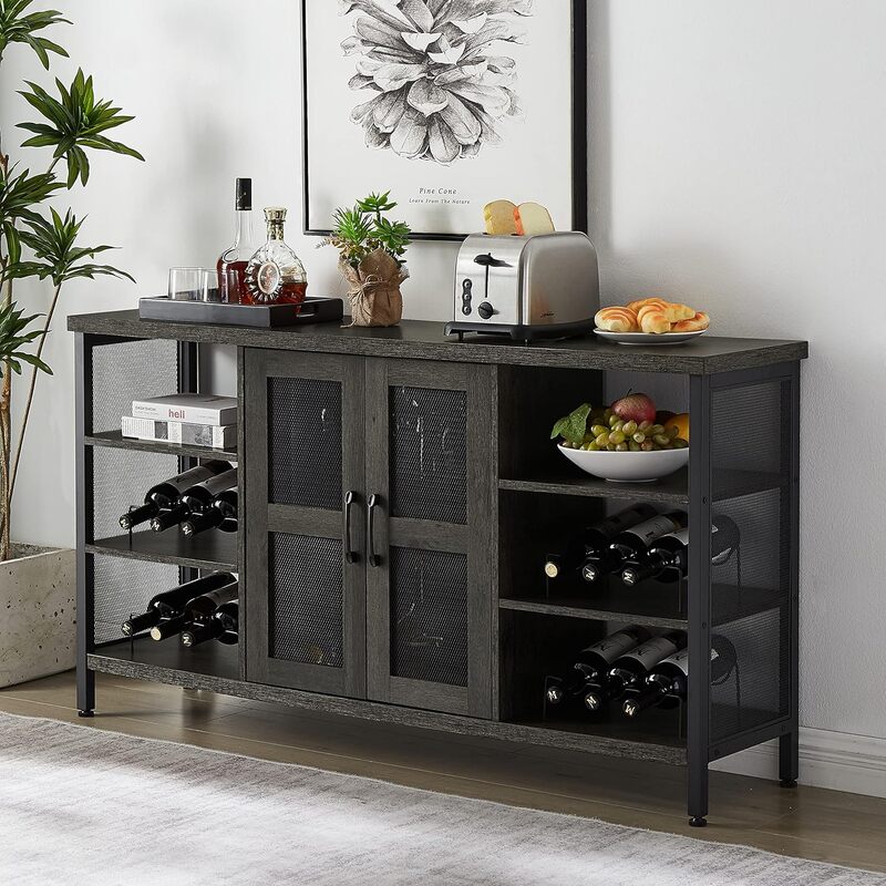 Wine Bar Cabinet for Liquor and Glasses, Sideboard Buffet Cabinet w/ Wine Rack, Metal Credenza with Stemware Holder (Dark Grey)