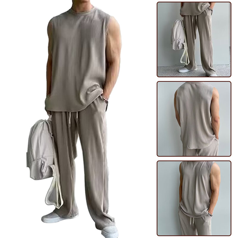 Confortável conjuntos casuais masculinos, solto, o-gola, sem mangas regular, estiramento leve, sólido, moda