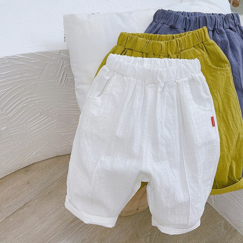 Celana olahraga katun Linen bayi laki-laki, celana panjang warna Solid 5 poin musim panas anak-anak balita laki-laki