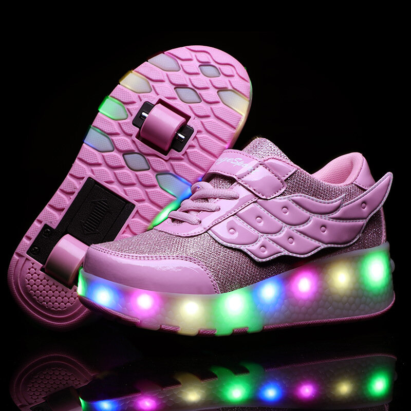 2024 New Children's Deformation Parkour Shoes LED Flash Four Wheels Skates Rounds Of Running Shoes  Unisex  Roller Skating Shoe
