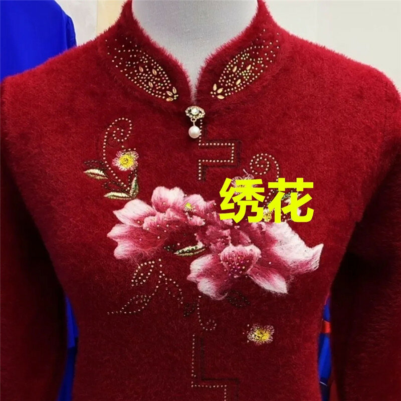 Mama w średnim wieku i w podeszłym wieku jesienno-zimowa dodaj aksamitny zagęścić Diaorong haftowany sweter damski moda długa koszula