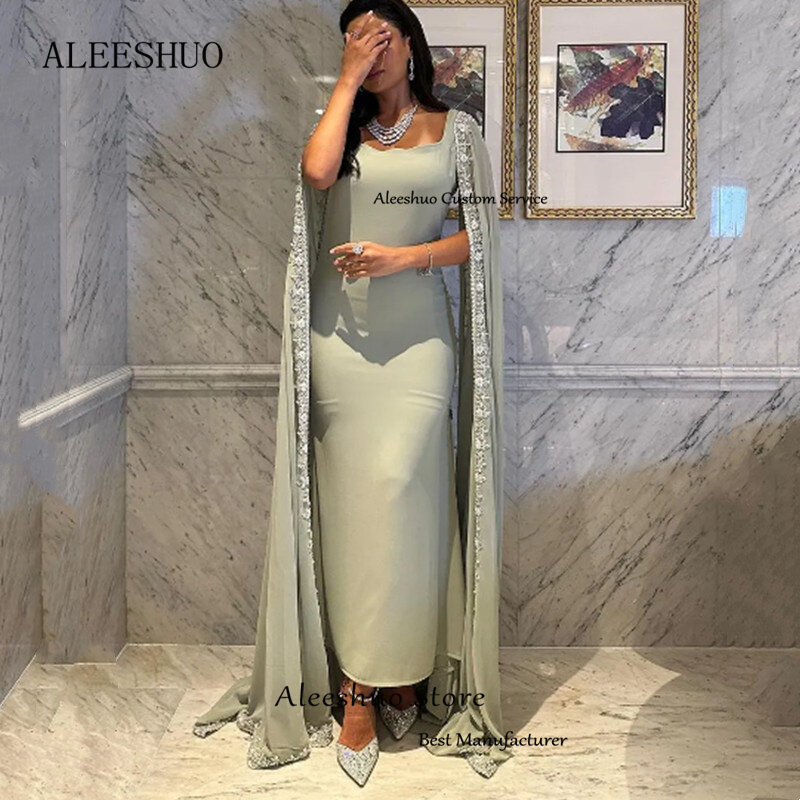 Aleeshuo Elegante Satijnen Lange Prom Jurken Cap Mouw Vierkante Kraag Rechte Appliques Arabische Vrouwen Eenvoudige Avondjurken Formeel