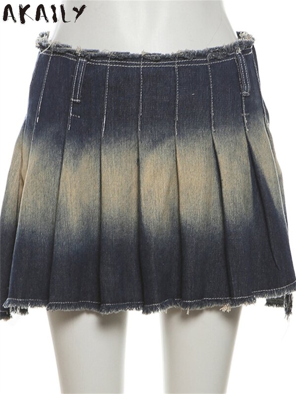 Akaily-minifaldas plisadas de mezclilla desgastadas para mujer, ropa de calle con estampado de borlas, falda Vintage Y2K, tendencia de moda de verano, 2024