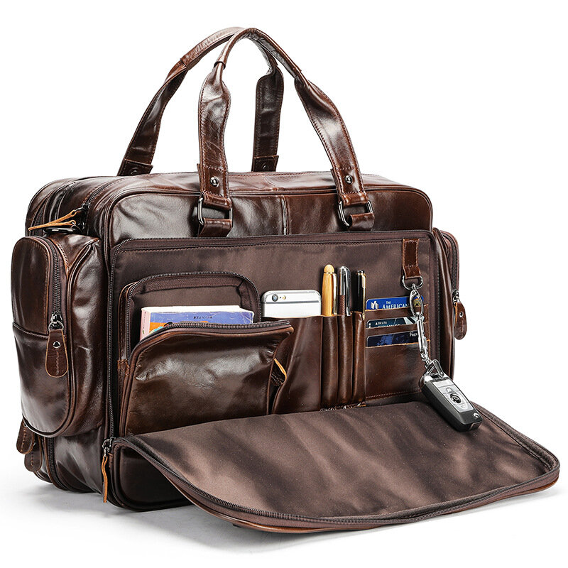 Multifunction Genuine Leather Men's Briefcase 15.6" Laptop Man Business Handbag Tote Vintage Male Big Shoulder Bag Travel Duffel